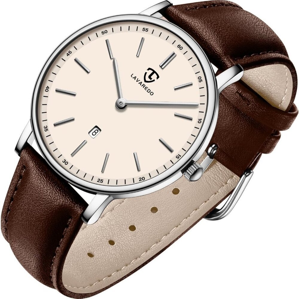 Men's BrowmApricott Leather Strap Analog Minimal Simple Stylish Buckle Watch